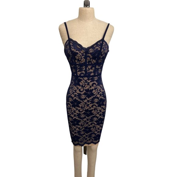 B. Darlin Womens Lace Bodycon Dress Size 5/6 Navy Blue & Nude Fitted - Picture 1 of 7
